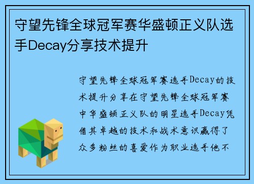 守望先锋全球冠军赛华盛顿正义队选手Decay分享技术提升